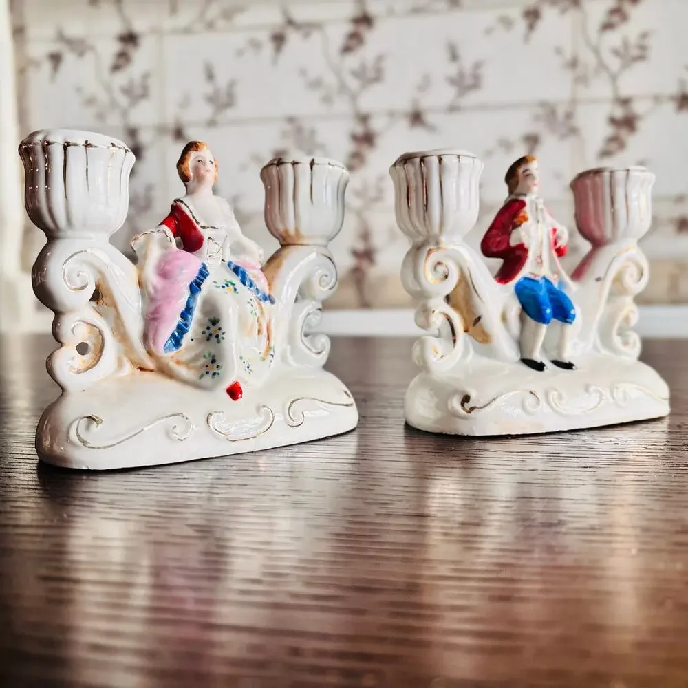 Made in Occupied Japan Colonial Couple Porcelain Candle Holders Pair